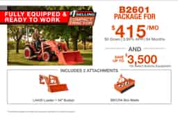 Kubota B2601 compact tractor with LA435 loader and BB1254 box blade for grading and property maintenance