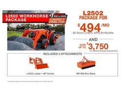 Kubota L2502 tractor with LA526 loader and BB1566 box blade shown in worksite material handling package