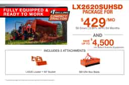 Kubota LX2620 compact tractor with LA535 front loader and BB1254 box blade attachment package