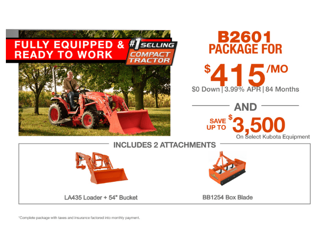 Kubota B2601 compact tractor with LA435 loader and BB1254 box blade for grading and property maintenance