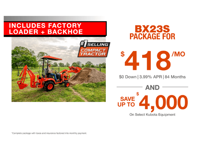 Kubota BX23S compact tractor with factory loader and backhoe digging and trenching on a job site