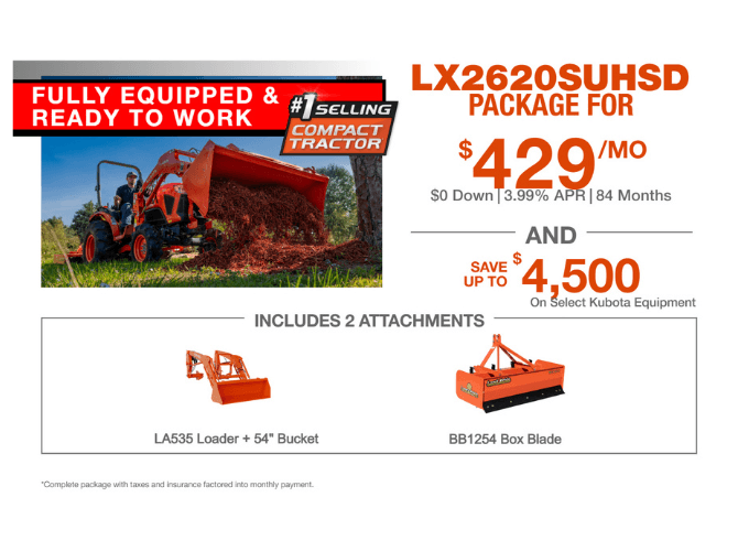 Kubota LX2620 compact tractor with LA535 front loader and BB1254 box blade attachment package